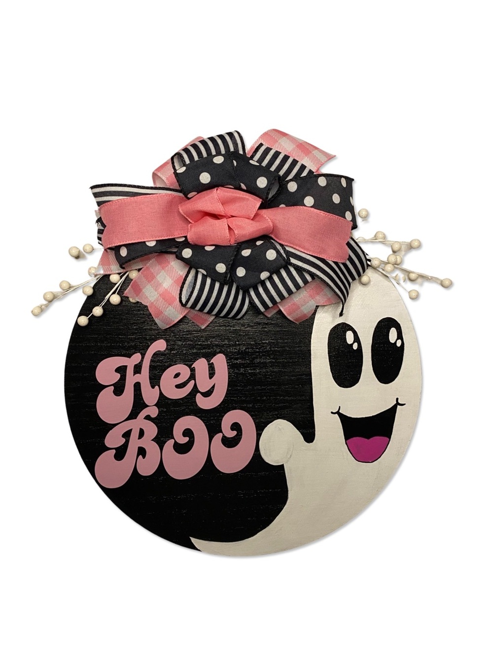 Hey Boo Ghost Round Door Hanger in Pink and Black - Home Accents